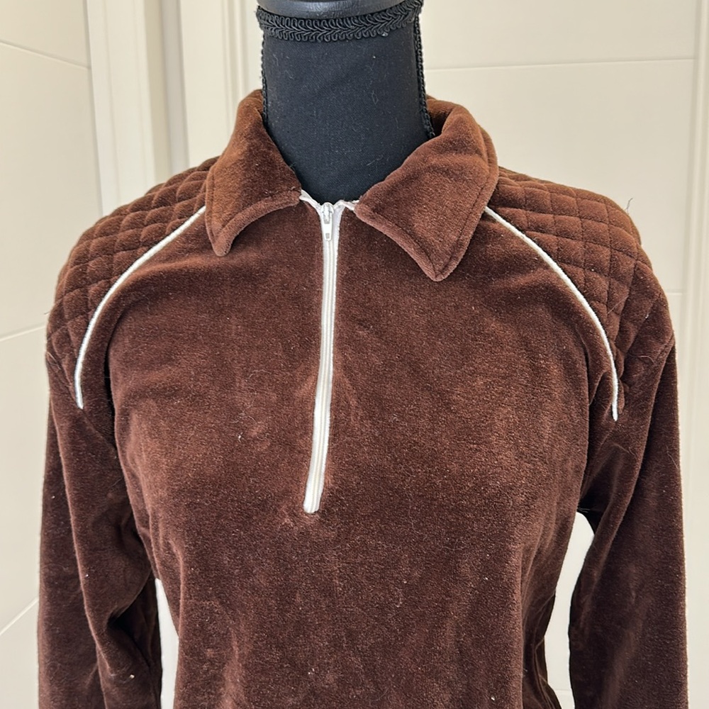 Vintage velvet Velour Half Zip Pullover 70s velvet Streetwear Quiet Luxury Brown - Picture 6 of 14